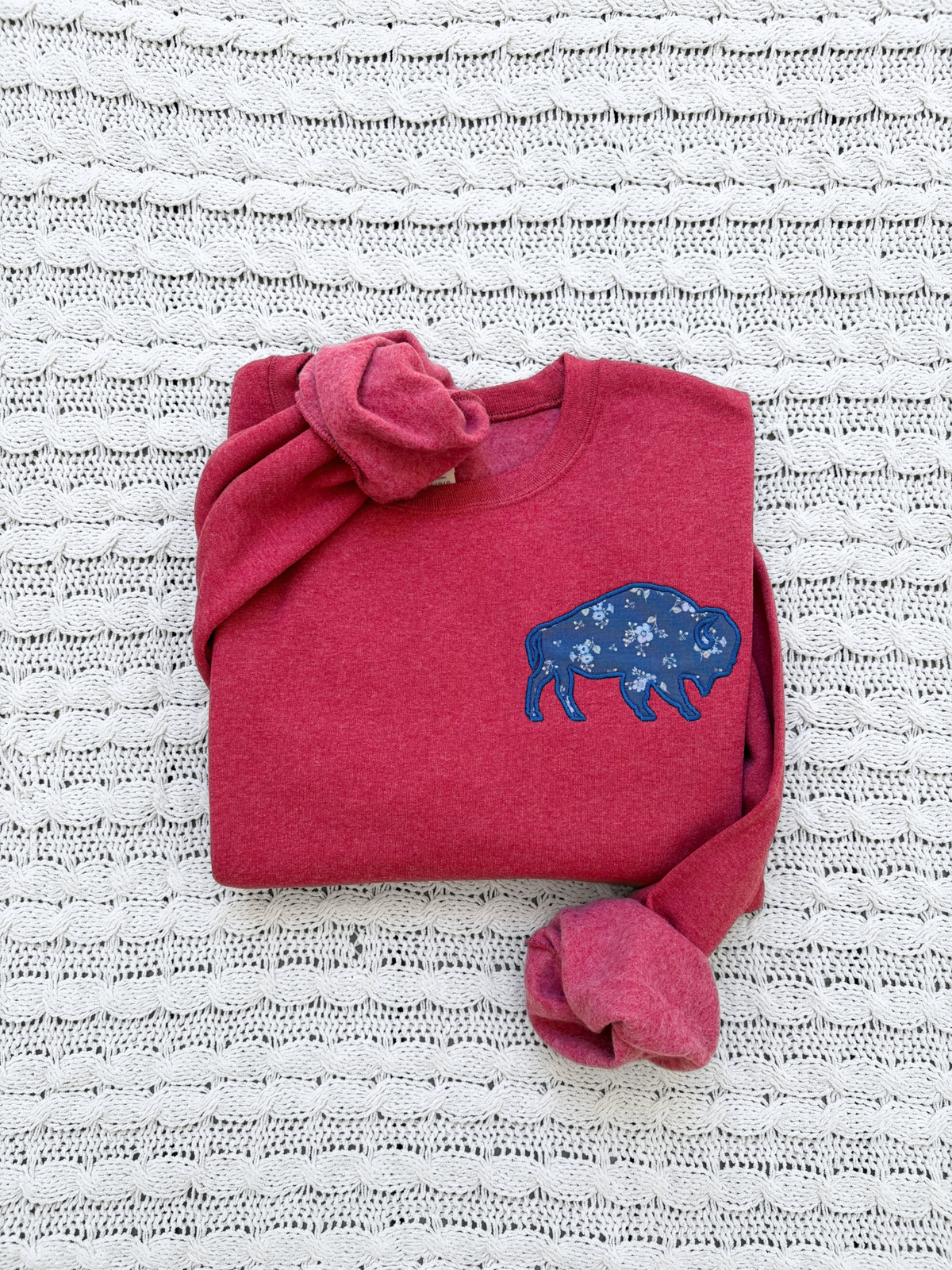 Floral blue buffalo embroidered, buffalo bills, washed red crewneck oversized sweatshirt, unisex. 