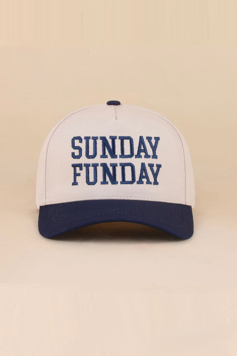 A white and navy blue baseball cap with 'SUNDAY FUNDAY' embroidered in navy blue block letters on the front.