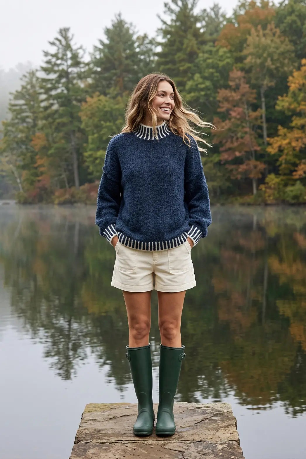 A woman wearing a navy blue knit sweater with white stitching trim on neck, hem and cuffs, with cream shorts, and dark green rain boots. 